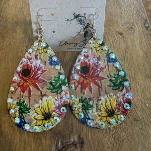 Floral Teardrop Earrings with Rhinestones